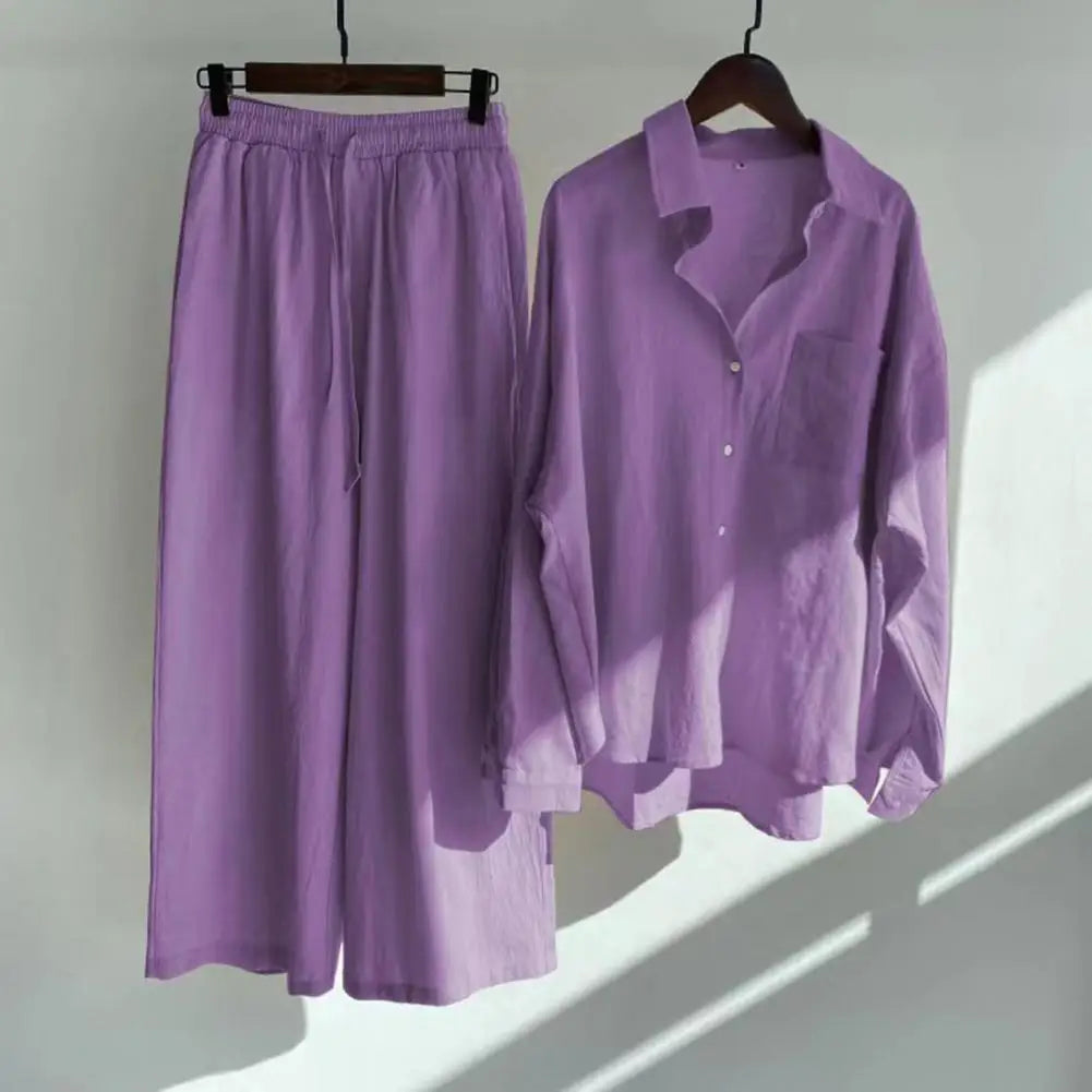 Retro Cotton And Linen Shirt High Waist Pants Slacks Suit Loose Blouse Trousers Suit