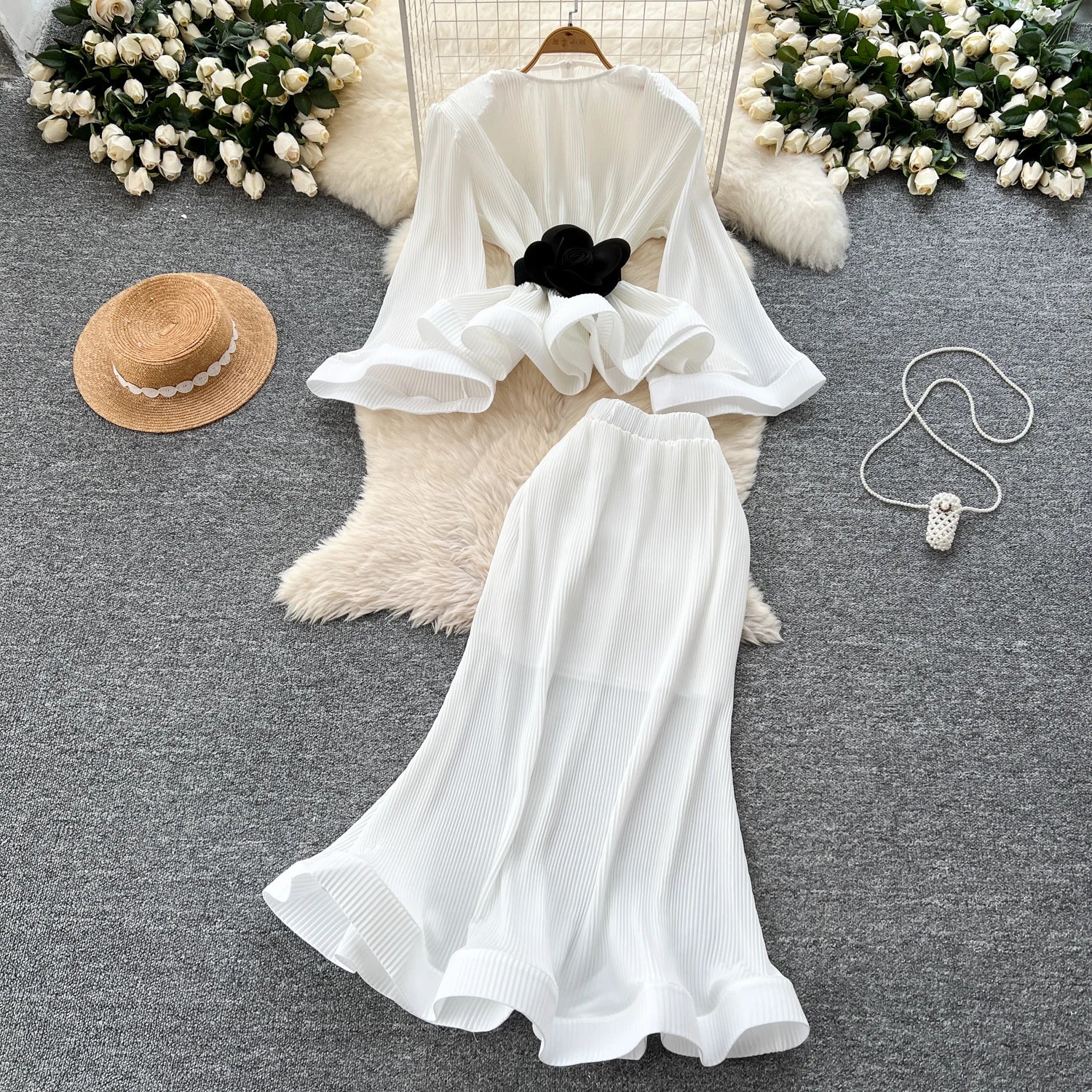 3D Flower 2pc Set Flare Sleeve Tops+Bodycon Mermaid Skirt