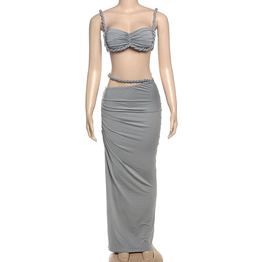 Square Collar Top+Skinny Long Skirts Bandage Ruched  2 Piece Set