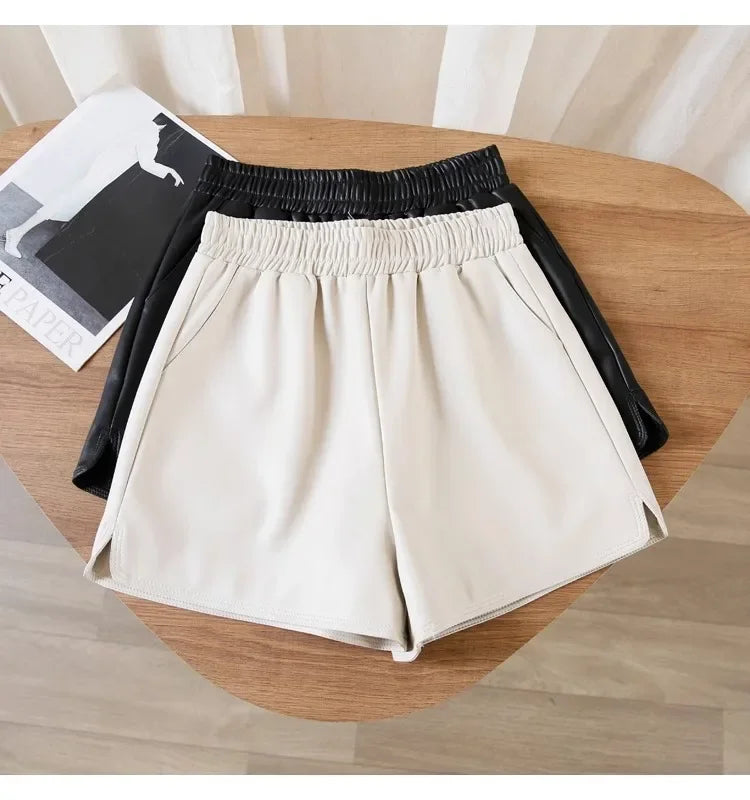 Casual High-waist Loose-fit Leather Shorts