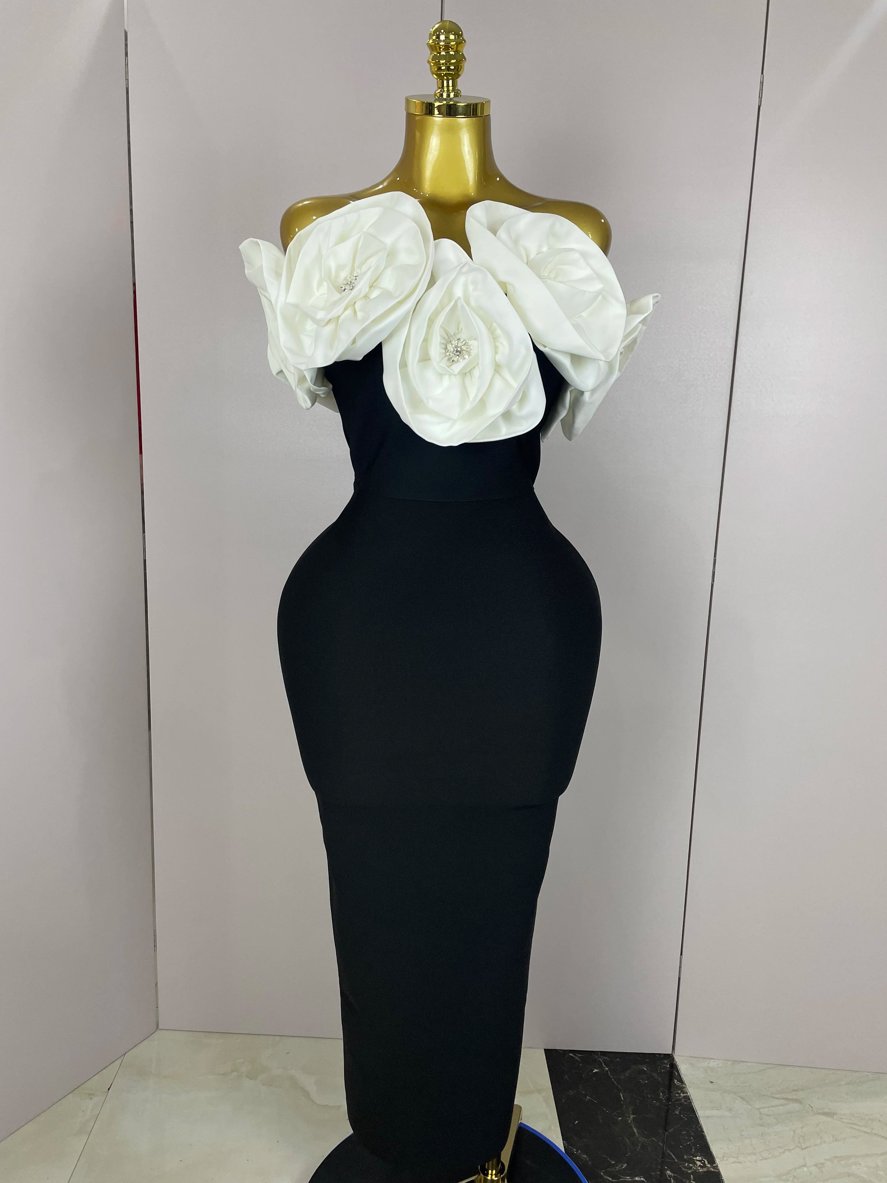 Stereoscopic Flowers Off The Shoulder Ankle Length Bandage Dress