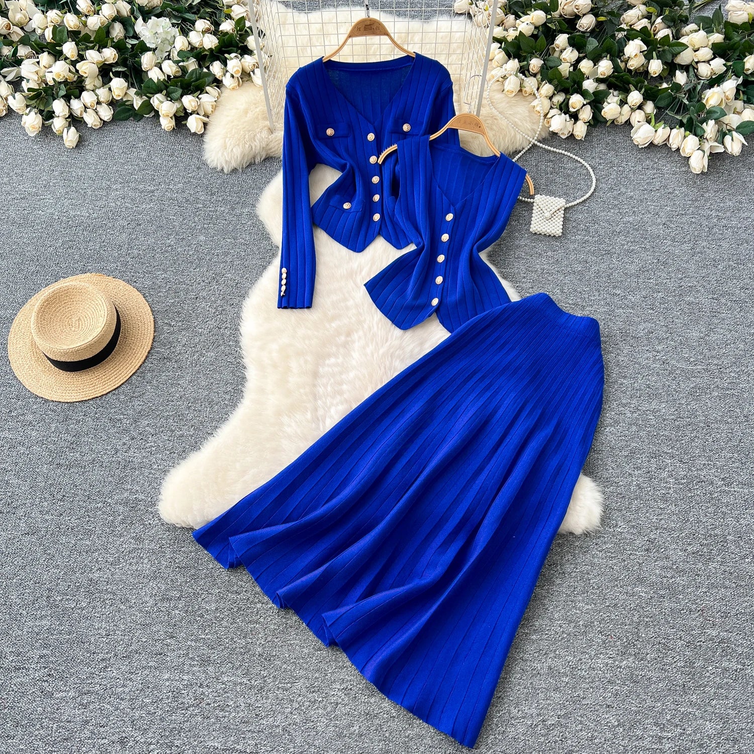 Knitted Full Sleeves Tops+Single Breasted Tank Tops+Elastic Waist Skirt  Suits