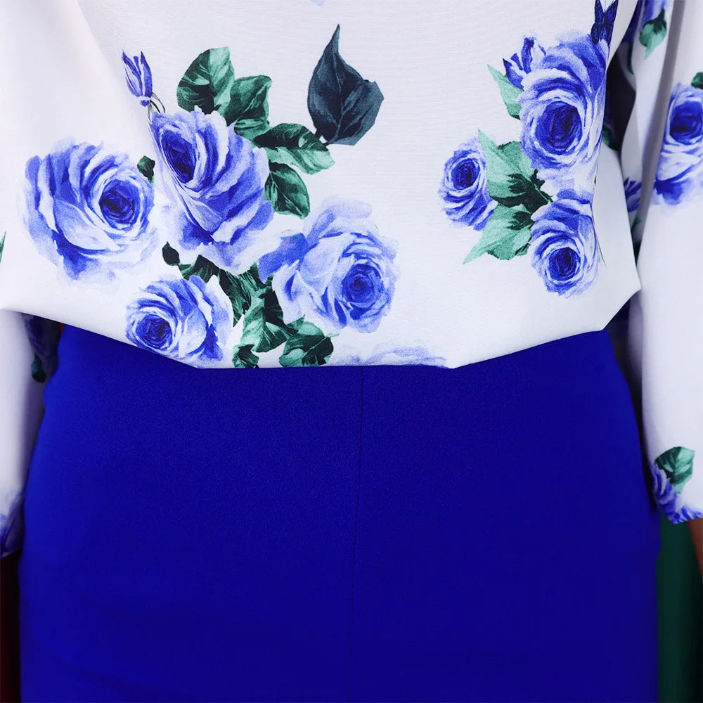 Two Piece Sets Slim Fit Print Floral Round Neck Lantern Sleeve Elegant Splice Wide Leg Long Pants