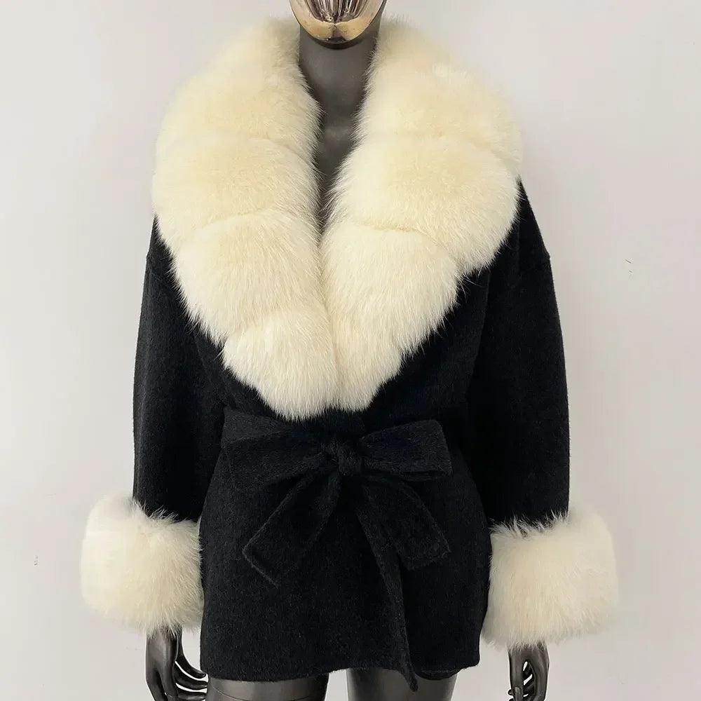 Winter Loose Outerwear Casual Natural Real Raccoon Fox Fur Blends Wool Coat