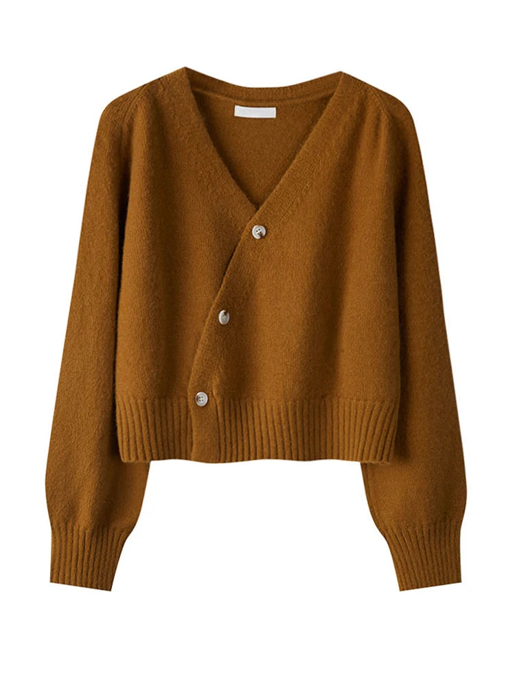 Autumn Winter Skew Button Cardigan V-neck Sweater Knitted Long Sleeve Tops Korean Loose Solid Cashmere Sweater