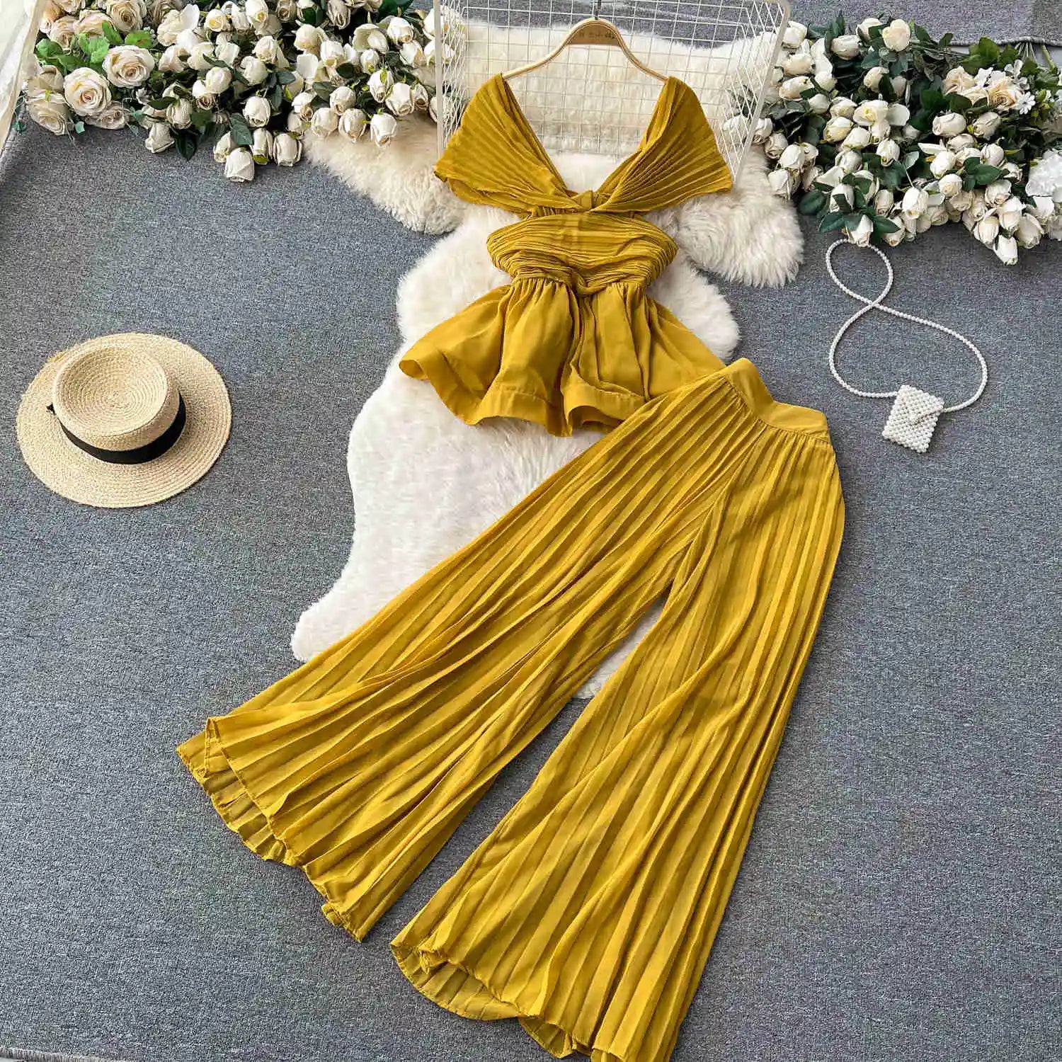 High End Elegant Pleated Sleeveless Chiffon Top+High Waist Wide Leg Pants Two Piece Set