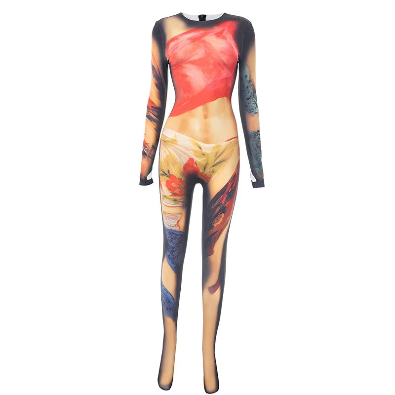 Round Neck Long Sleeve Skinny Jumpsuit