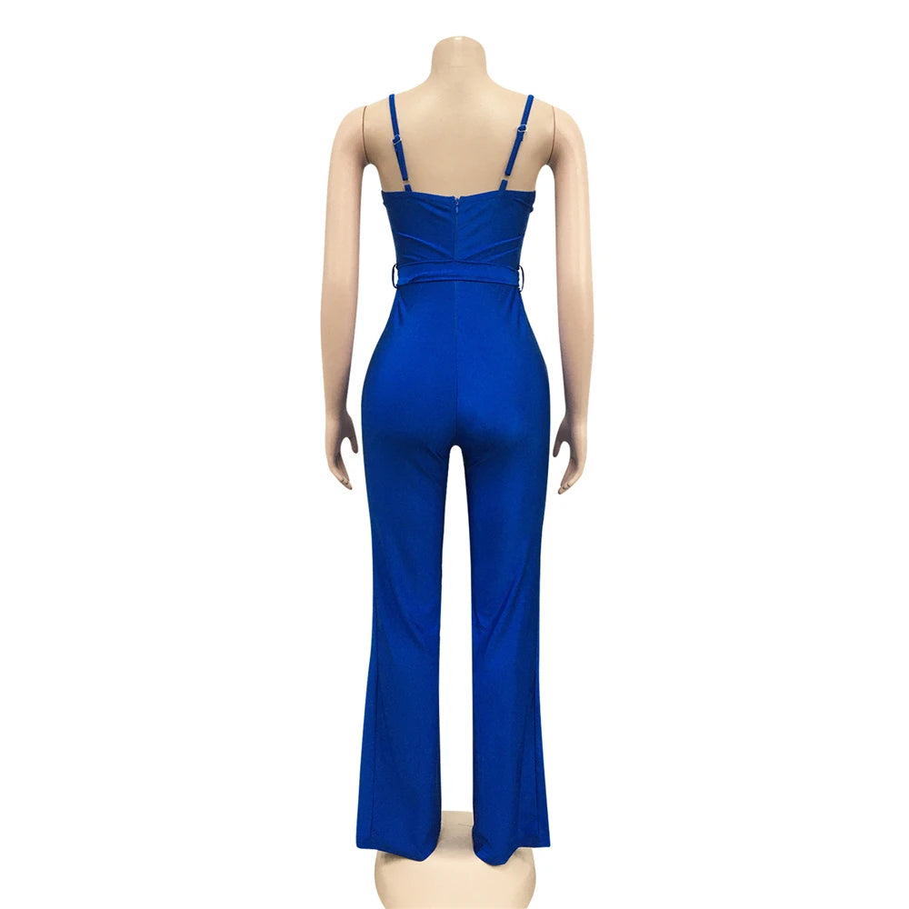 High Waist Wide Leg Pants One Piece Sleeveless Jumpsuit with Belt