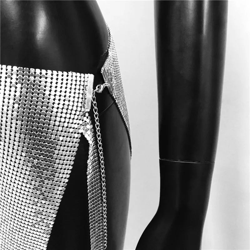 Metal Sequins 2 Piece Set Backless Halter Tank Tops Split Mini Skirts