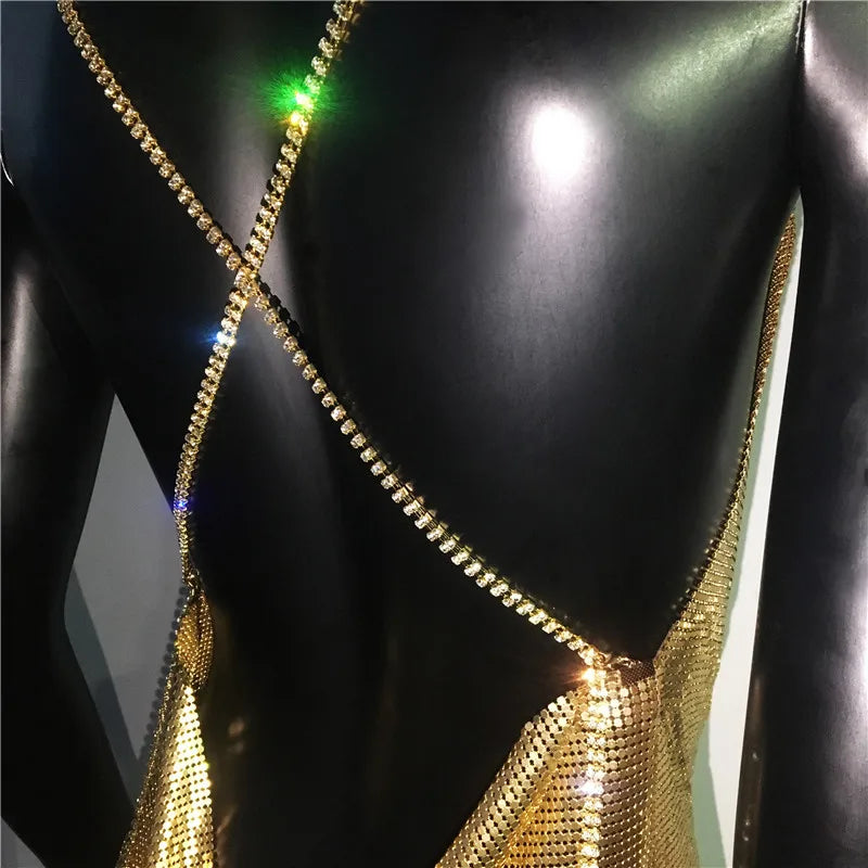 Backless Spaghetti Strap Metal Sequins Low Cut Dress