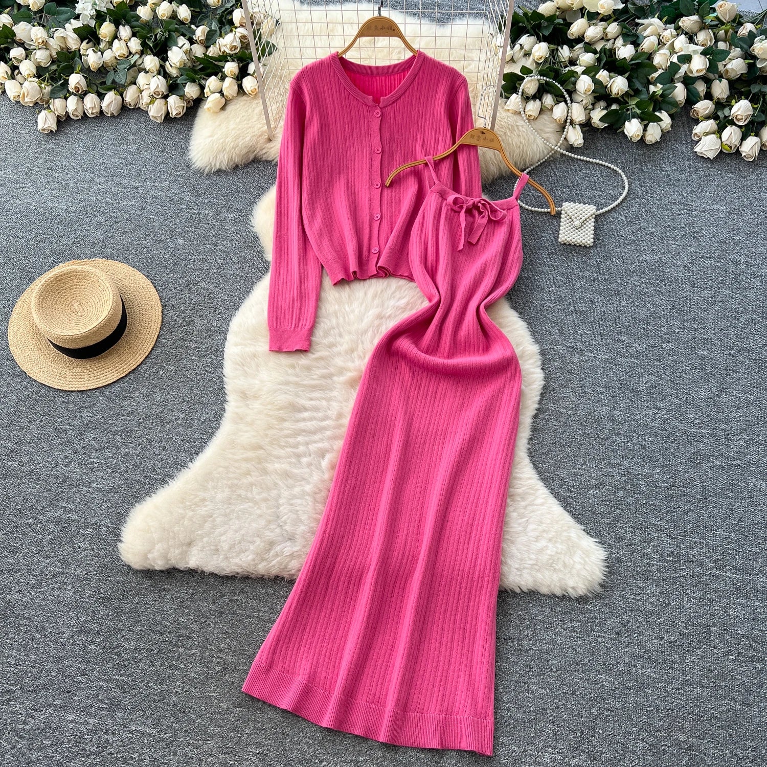 Elegant Long Sleeve Single Breasted Tops+Sleeveless Strap Bodycon Dress Knit Solid Sweater Sets