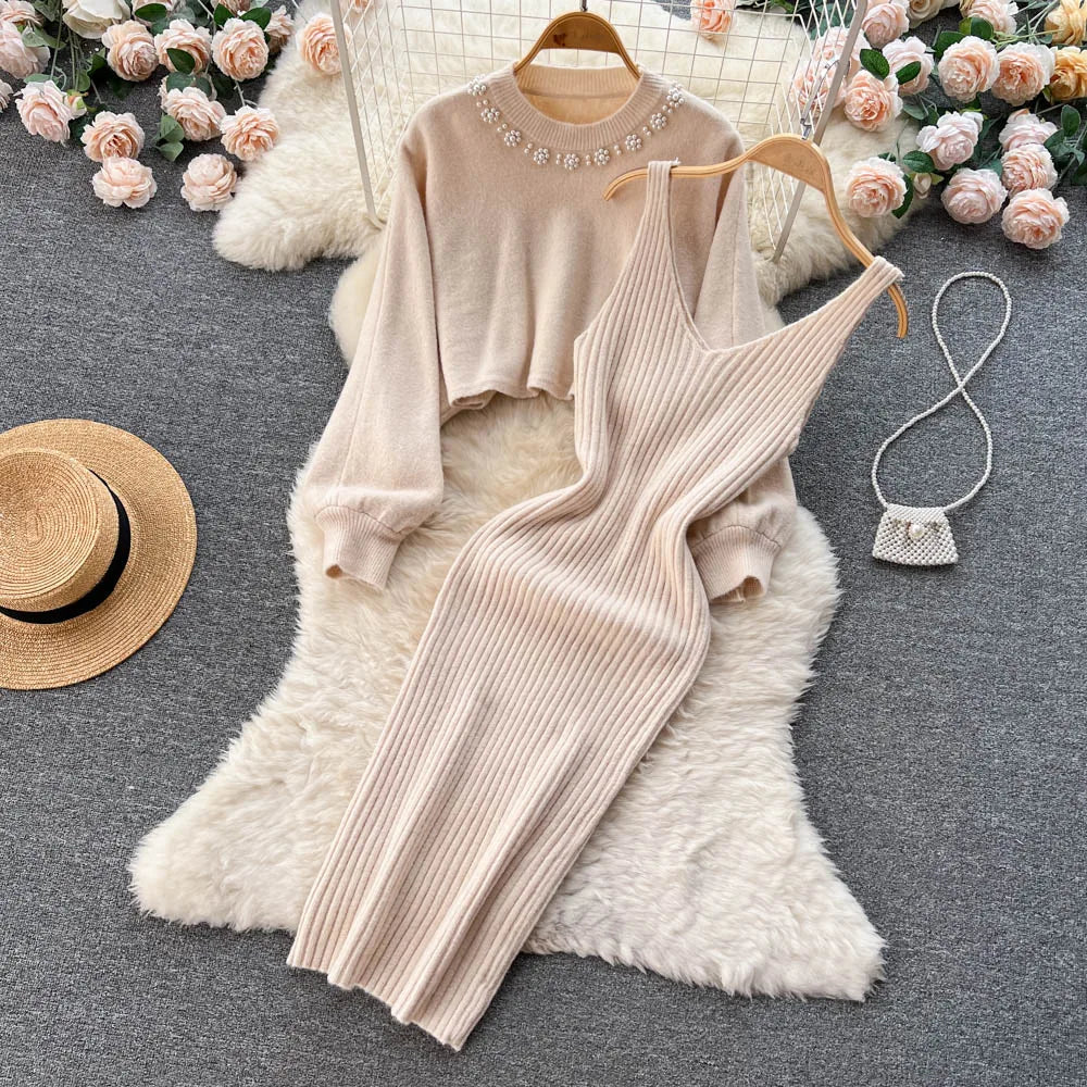 Knitted Sets Long Sleeve Pearl Sweater+Knitted Dress Sweater Suits