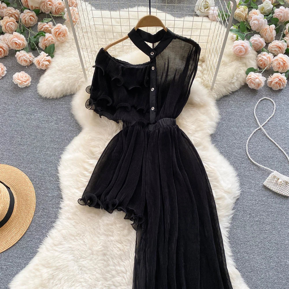 Slim Ruffled Off Shoulder Irregular Temperament Patchwork Dress