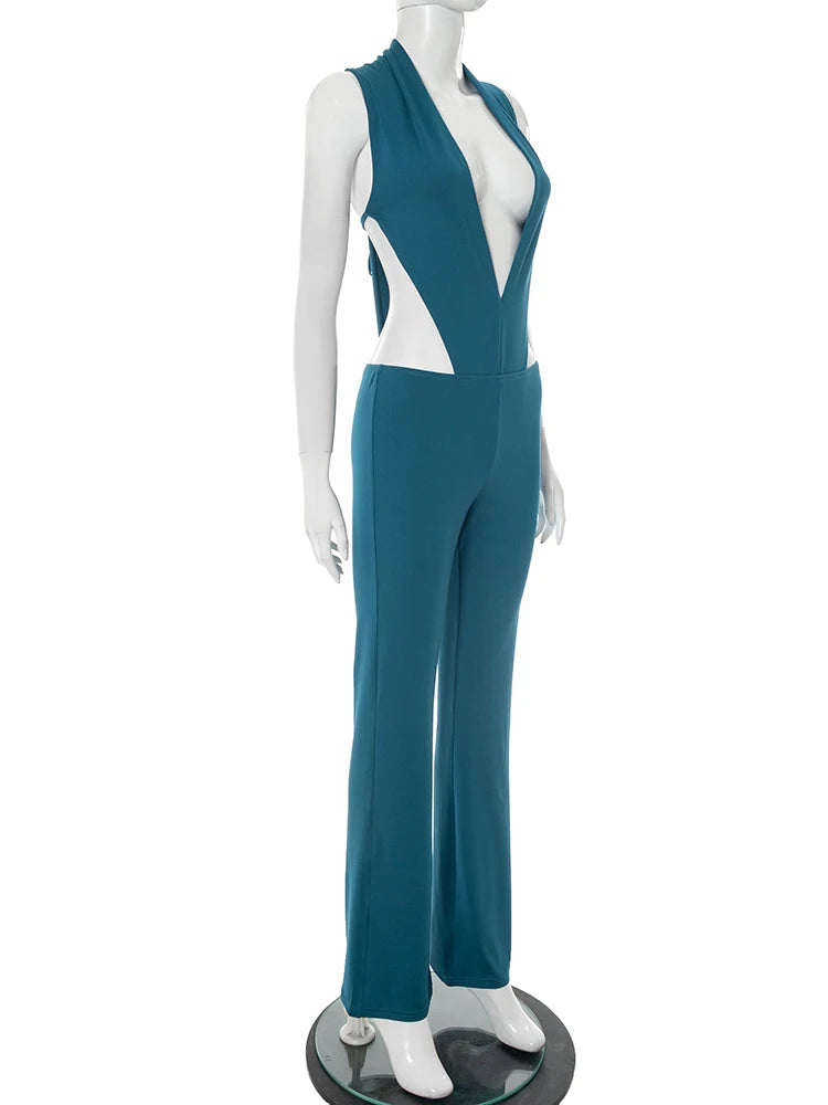 Deep V-Neck Hollow Bandage Bodysuit+Flare Pants Matching Two Piece Set