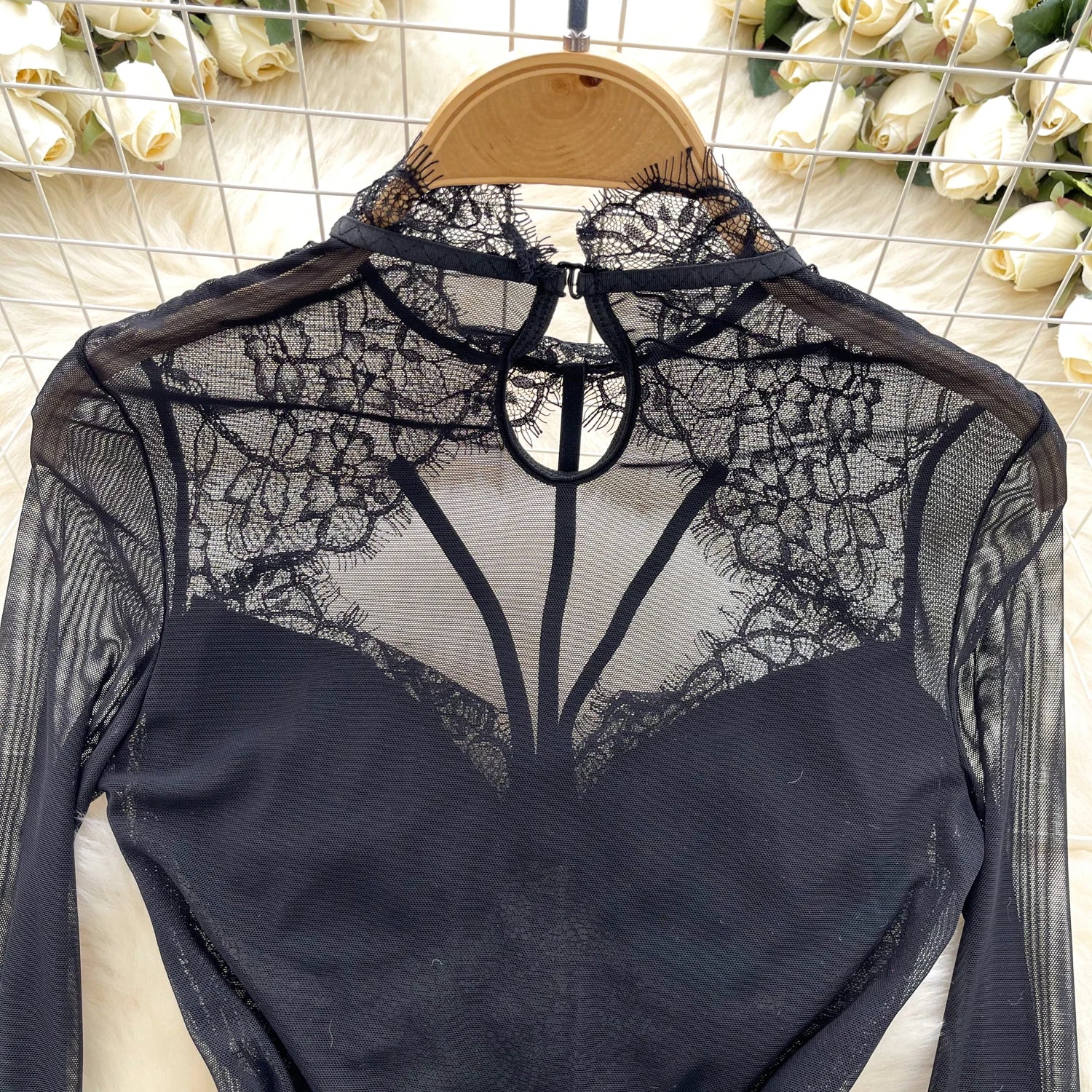 Hollow Out Mesh O Neck Long Sleeves Slim Fit Sheath Bodysuit