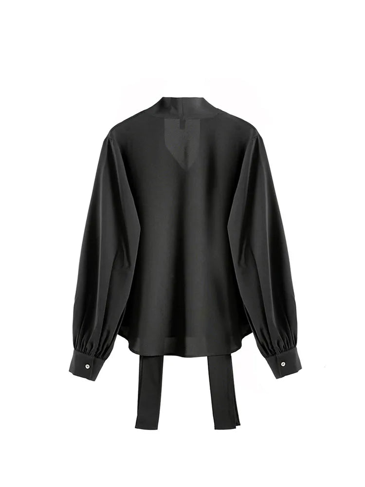 Lace Up Vintage Long Sleeve Solid Chiffon Casual Bow Blouse