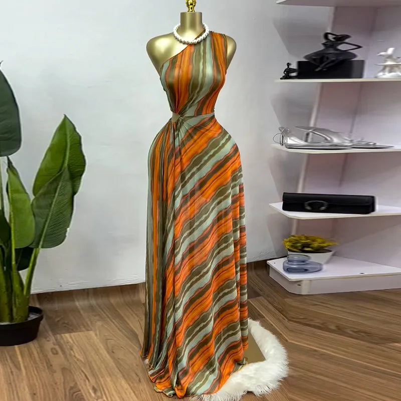 Elegant Striped Print Sleeveless Floor-Length Long Dress