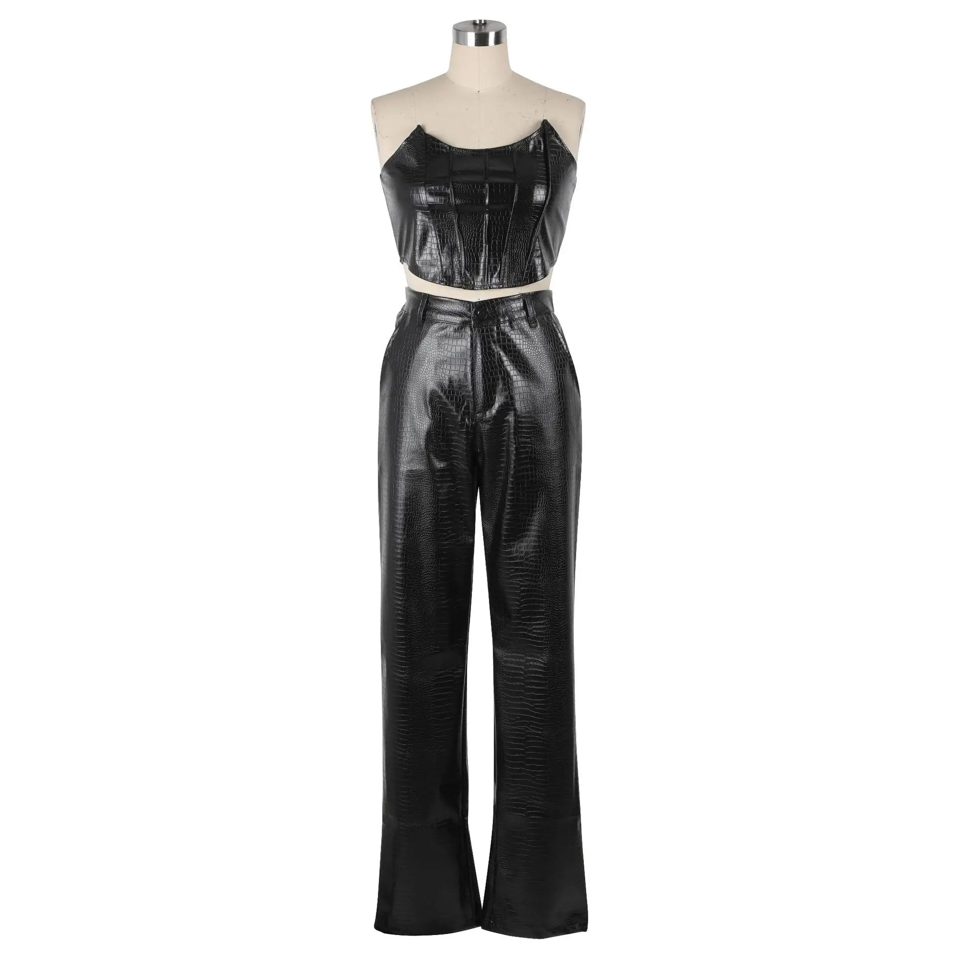 PU Leather Matching Cut-Out Cargo Sleeveless Jumpsuits 2 Piece Set