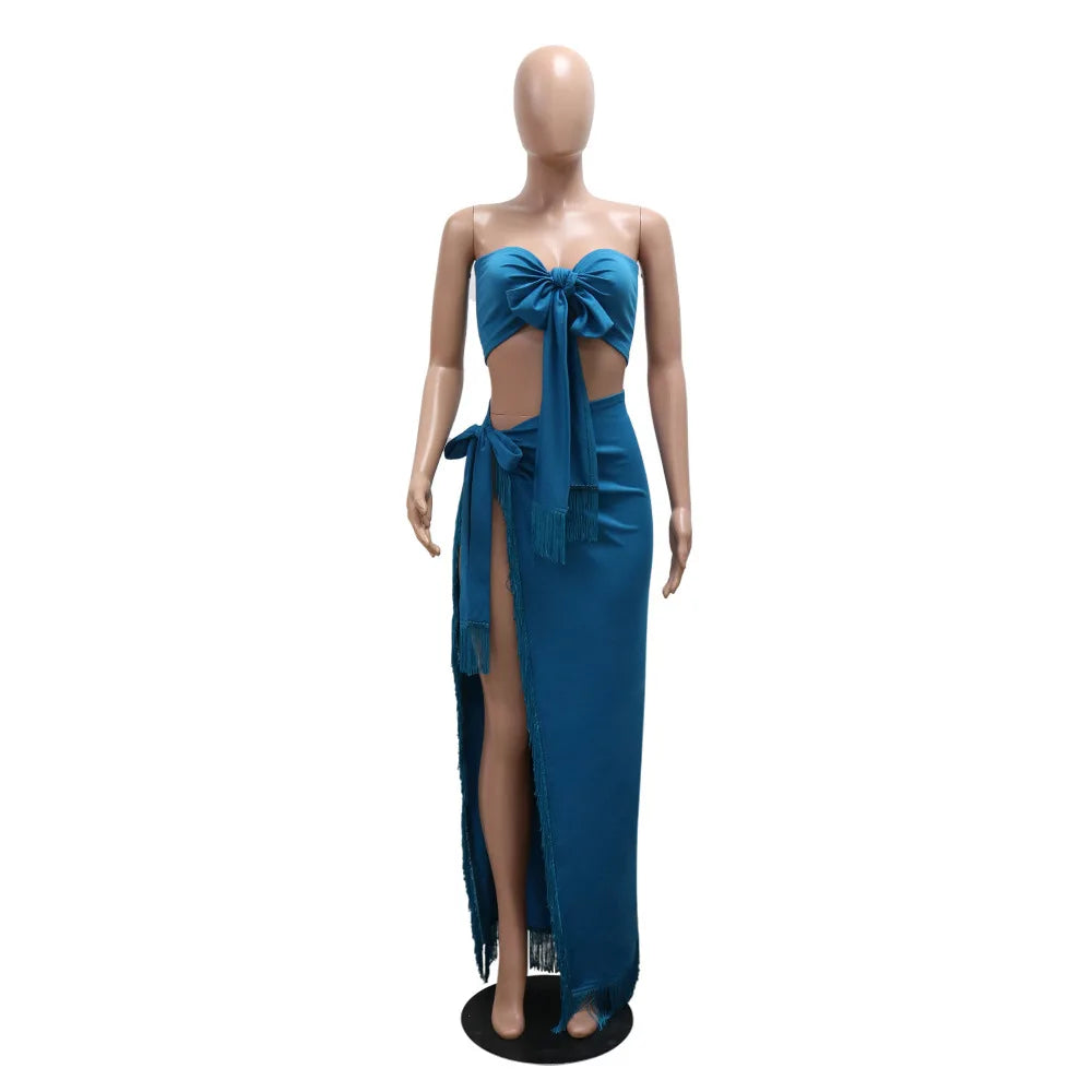 Strapless Crop Top + Ruched Split Tassel Long Skirts Two Piece Sets