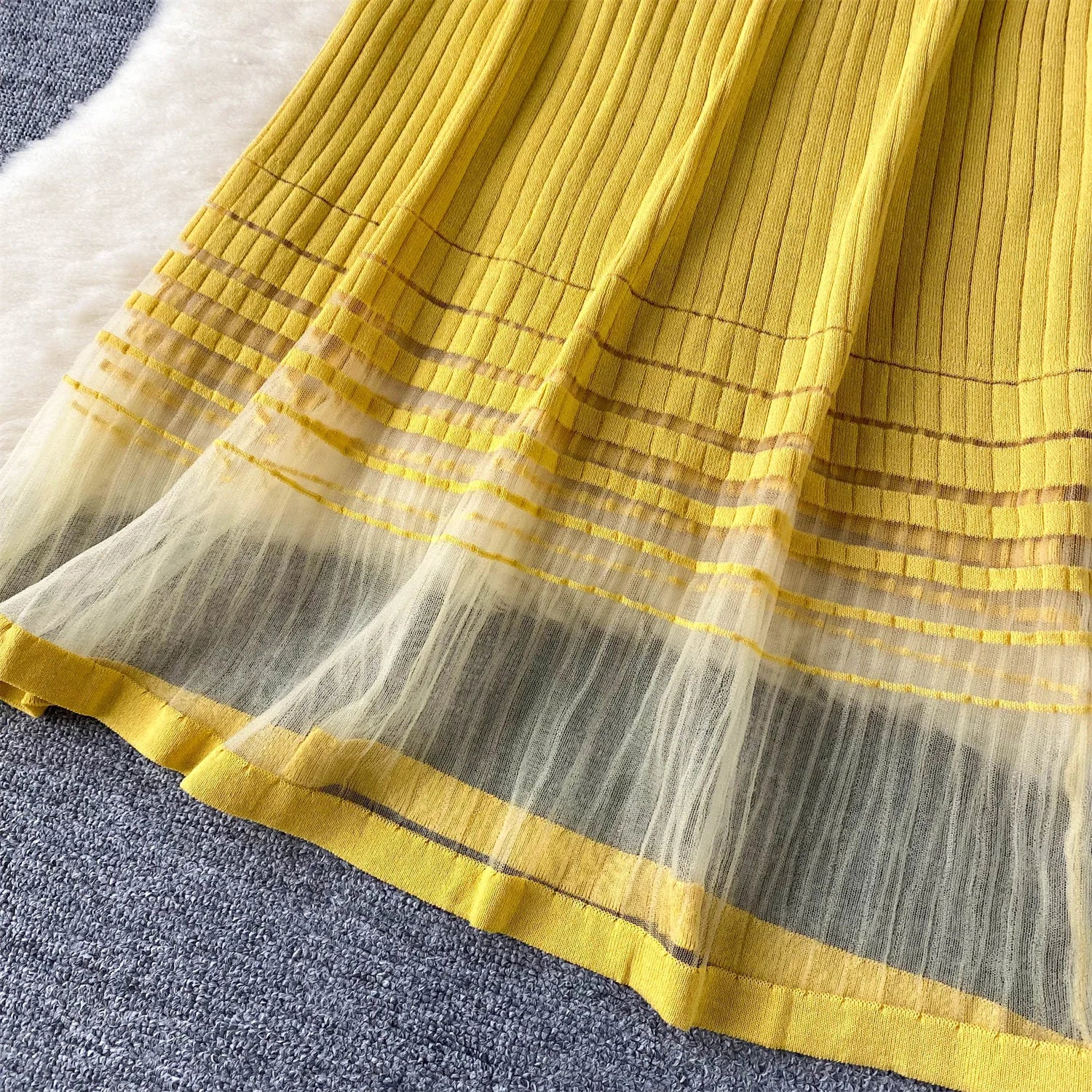 Elegant Stripe Knit Short Sleeves Mesh Patchwork Long Dress