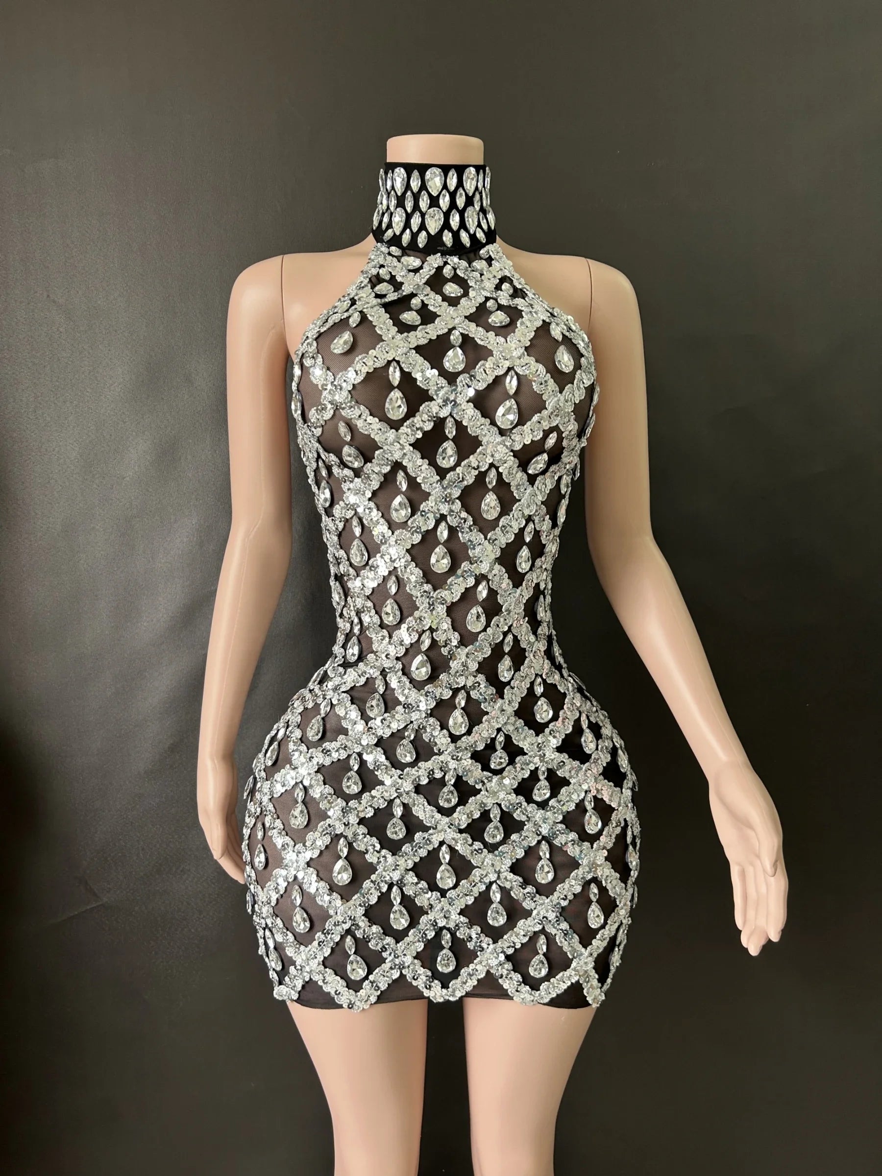 Prom Birthday Dress Transparent Rhinestone Sequins Dress