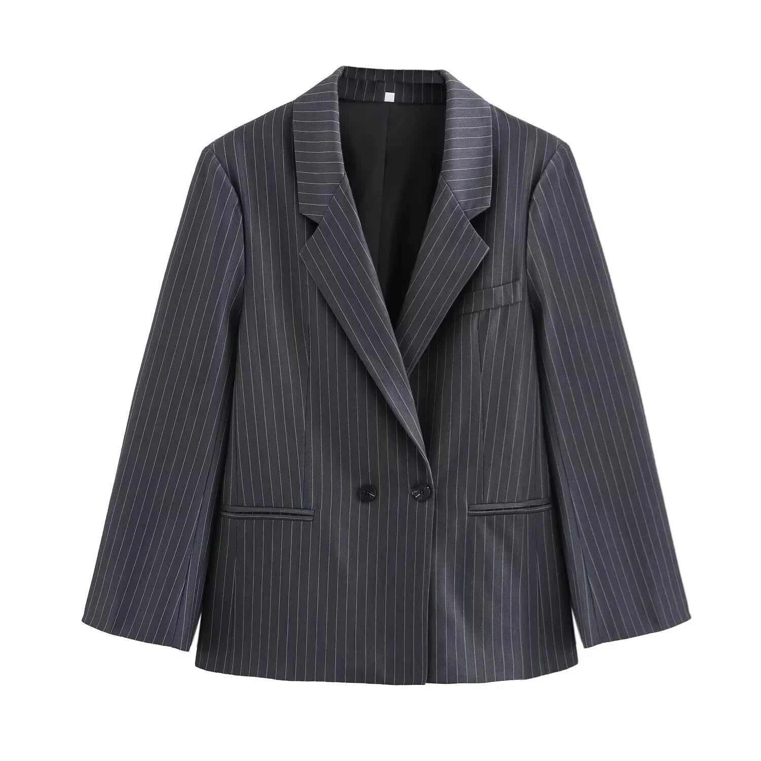 Autumn Winter Loose Fine Stripes Long Sleeve Double-breasted Suit Coat