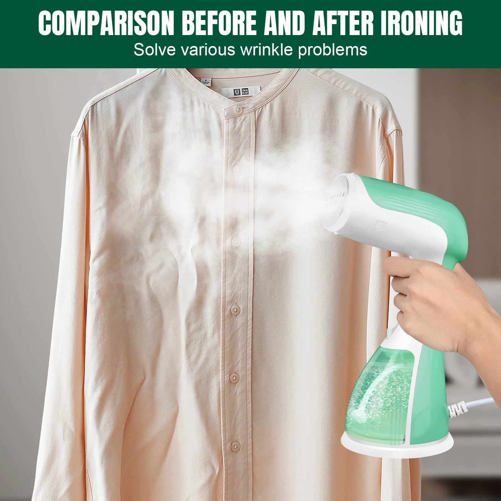 1500W Handheld Clothes Portable Steamer 300ml Water Tank, 30s Fast Heat-up, 27g/min, Stainless Steel Panel,1.5m Cable