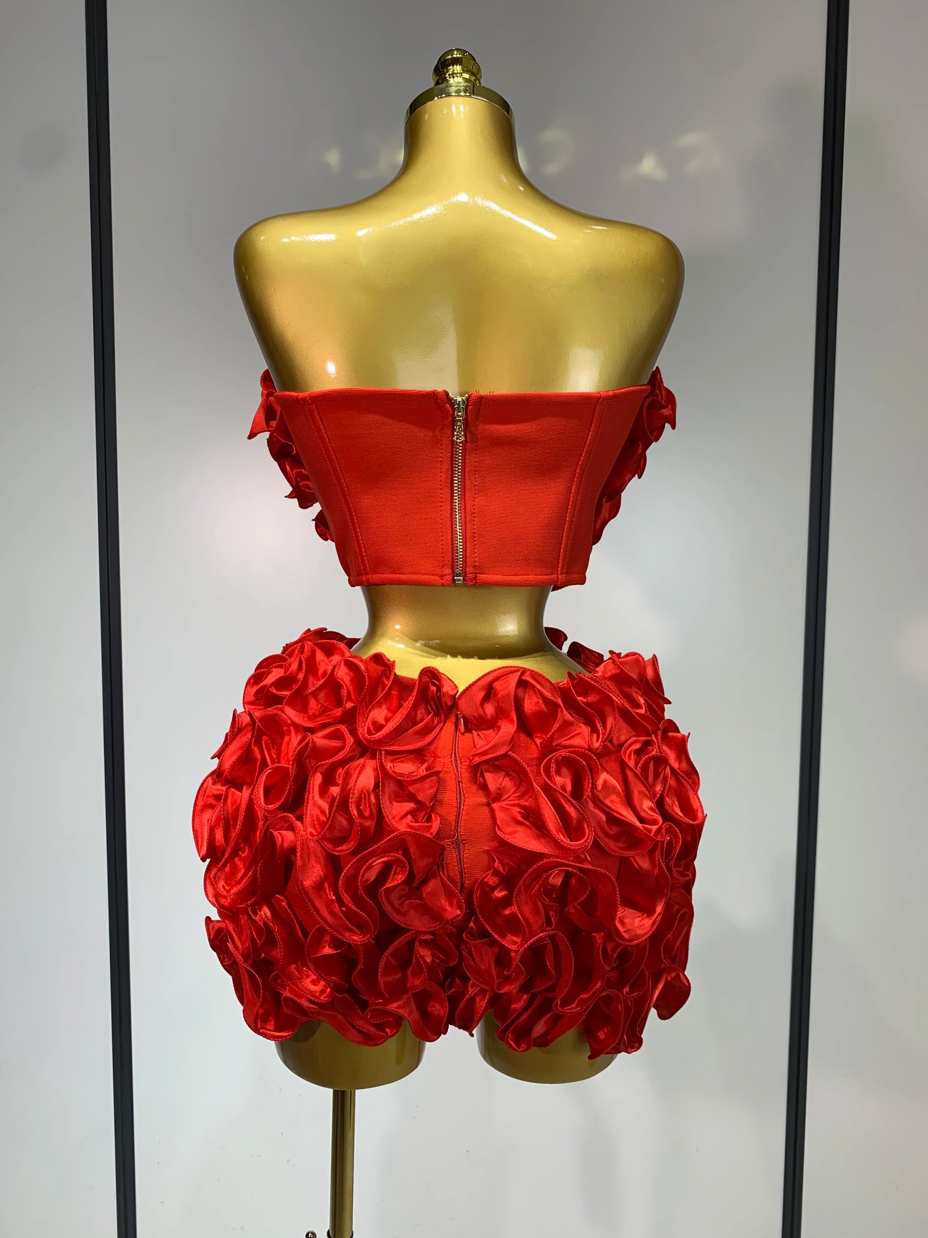 Strapless Red flower Top With Mini Skirt Bodycon Bandage Two Pieces Set