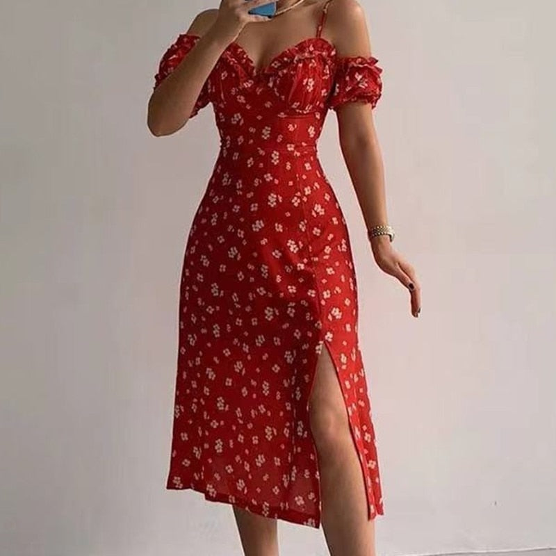 Ruffle Strapless Slit Off Shoulder V-Neck Floral Print Dress