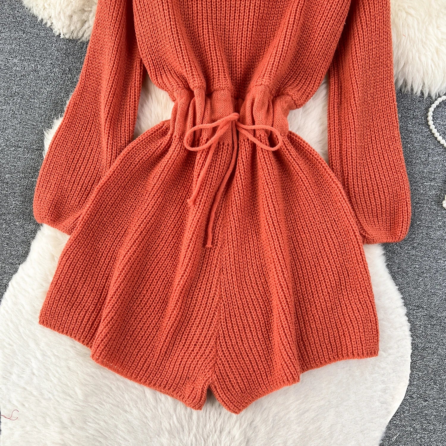 Korean Style Casual Bodysuits O Neck Long Sleeves Hollow Out Backless Drawstring Elastic Waist Shorts Jumpsuits