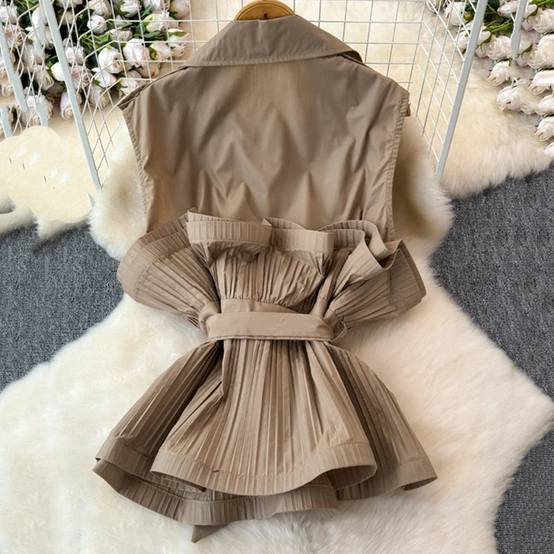 Pleated Versatile Lapel Collar Sleeveless Ruffle Blouse