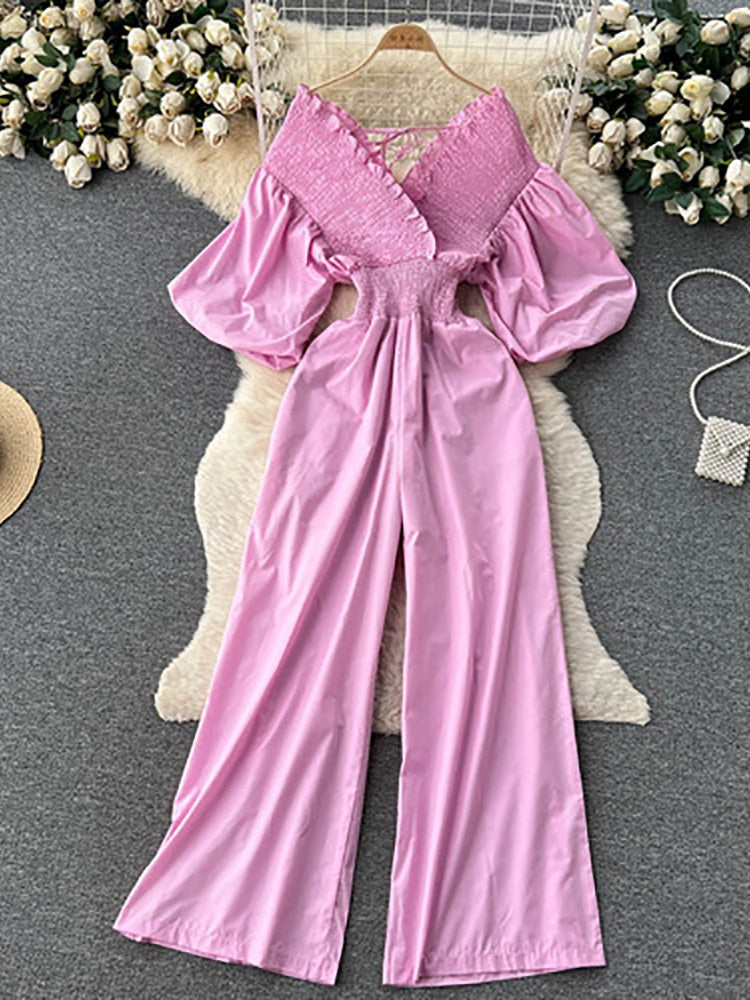 Ruffle Jumpsuits Puff Short Sleeve High Waist Romper