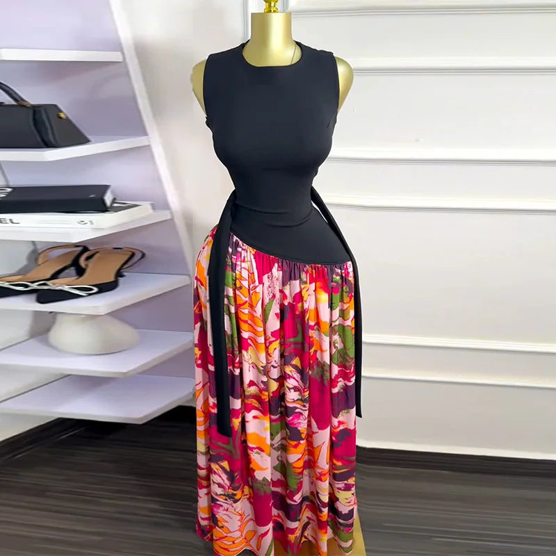 Sleeveless Printed Patchwork Tank Long Maxi Dress