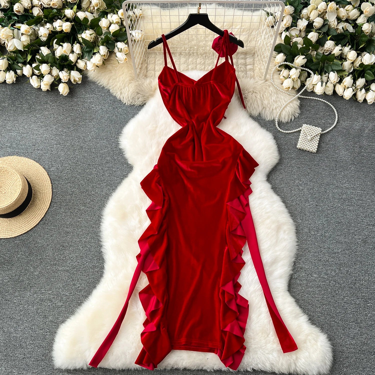 French Retro Velvet Spaghetti Strap Sleeveless 3D Flowers Split Red Dress