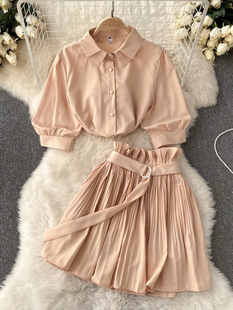 Puff Short Sleeve Shirt+Pleated A-line Short Skirt Two Piece Set