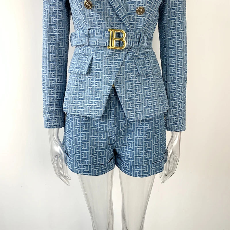 Matching 2 Pieces Washed Denim Jacquard Fabric Belt Blazer Shorts Pants Sets