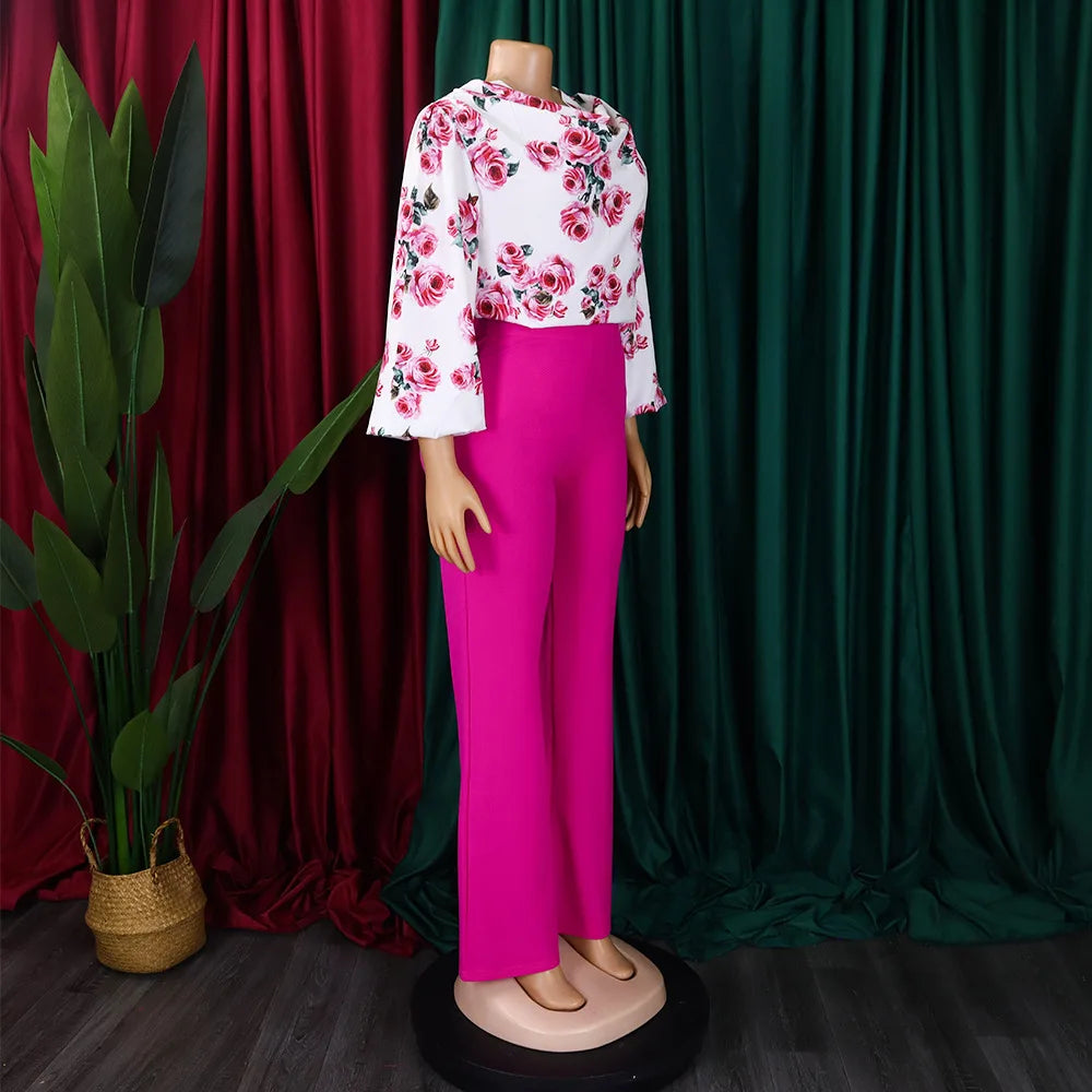 Two Piece Sets Slim Fit Print Floral Round Neck Lantern Sleeve Elegant Splice Wide Leg Long Pants