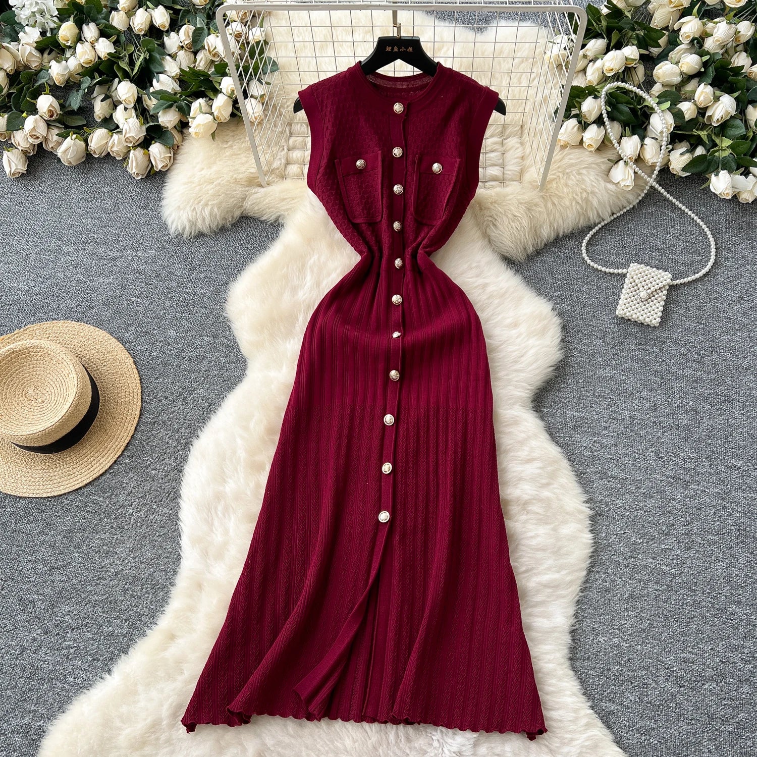 Office Lady Dress O Neck Sleeveless Single Breasted Chic Knitted Dress