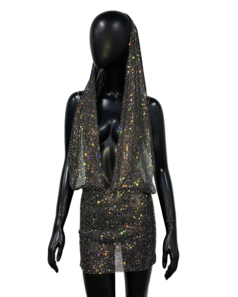 Y2K Streetwear See Through Mesh Shiny Rhinestone Bandana Head Wraps Dress