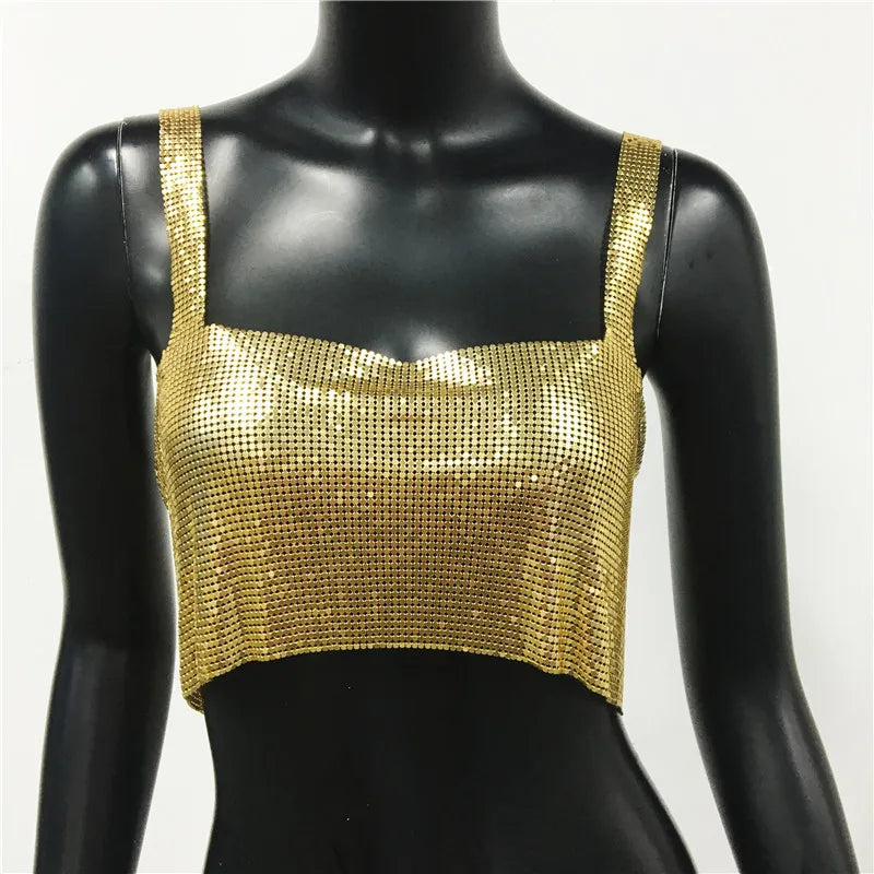 Bling Metallic Sequin Crop Top y2k Backless Straps Cropped Top