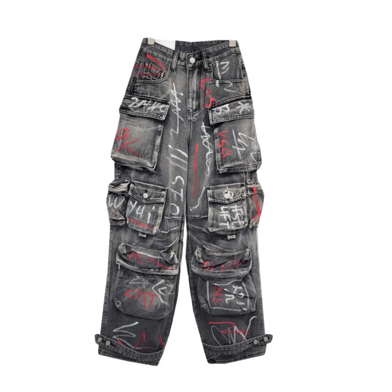 high waist Multiple pockets Graffiti Grey straight wide leg cargo denim