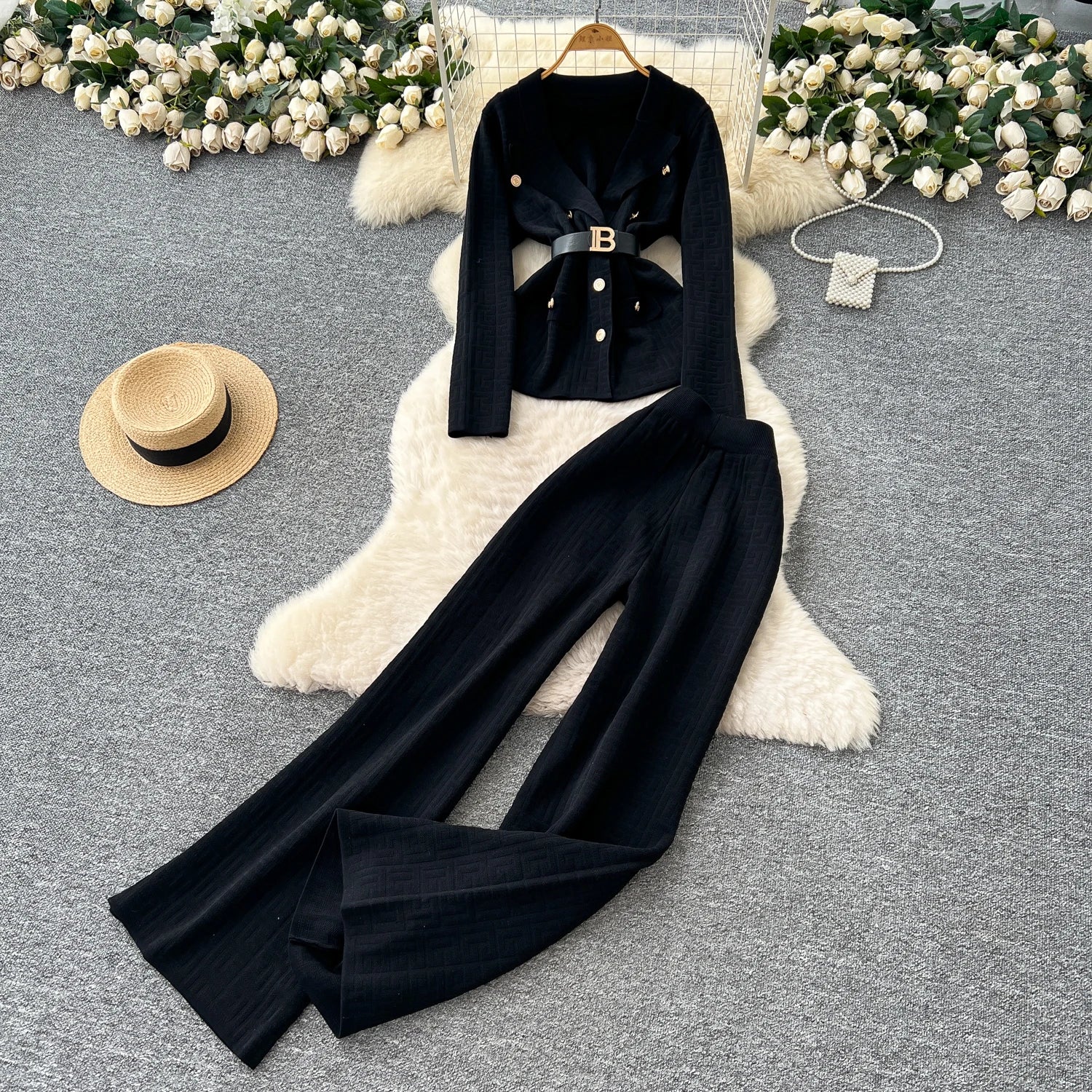 Knitted Long Sleeve Tops+Wide Trousers  Two Pieces Set
