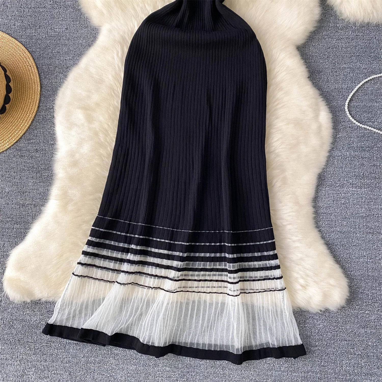 Elegant Stripe Knit Short Sleeves Mesh Patchwork Long Dress