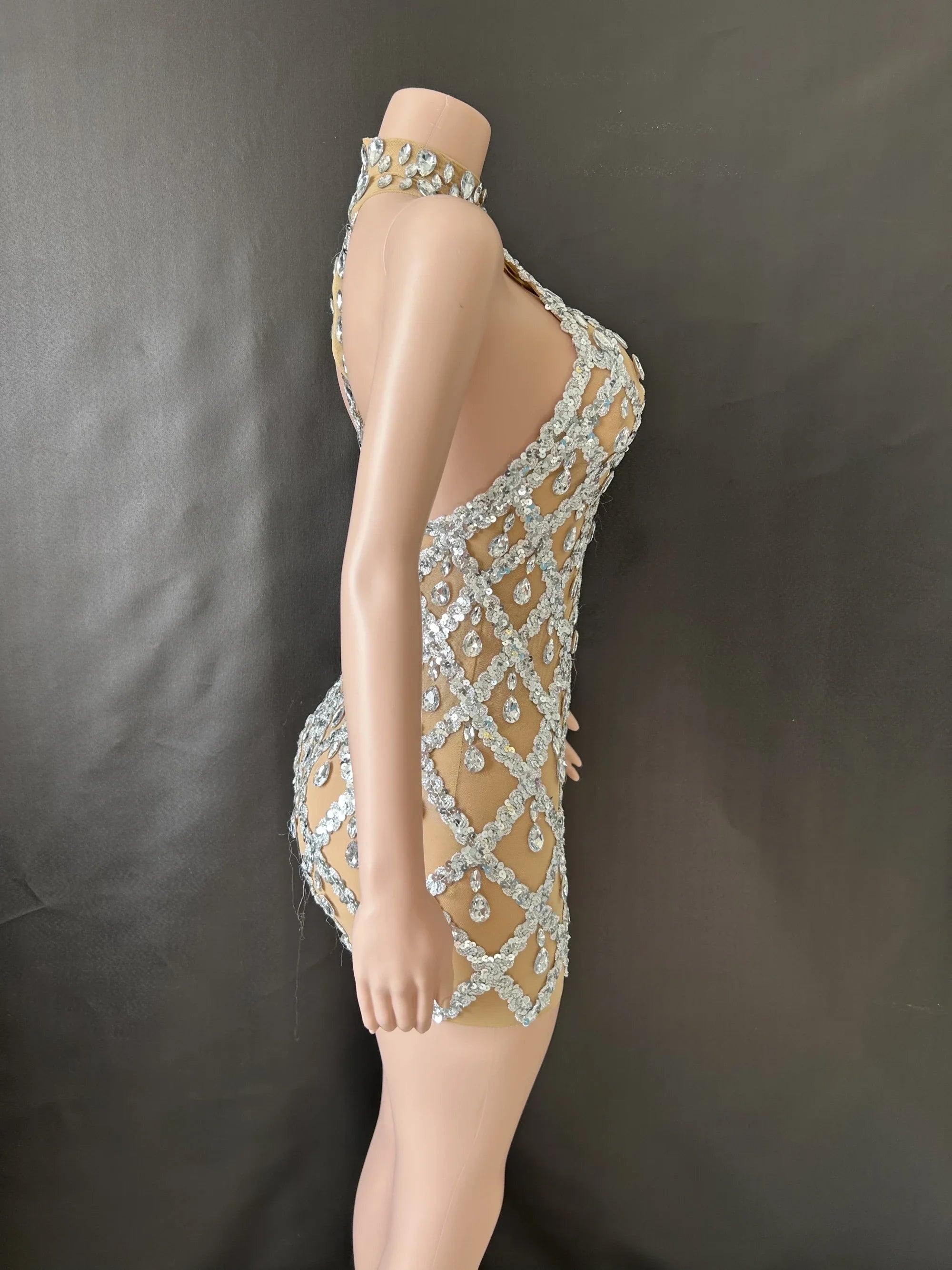 Prom Birthday Dress Transparent Rhinestone Sequins Dress