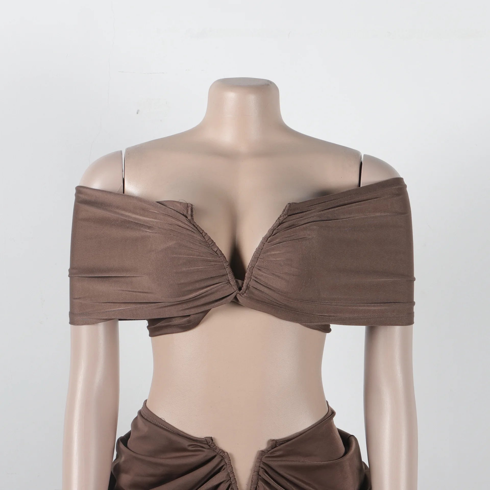 Stacked Ruched Off Shoulder Crop Top and Low Waist Maxi Long Skirts Two Piece Sets