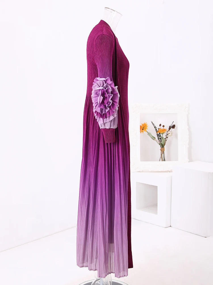 Pleated Set Gathered Waist Floral Sleeves Coat Sleeveless Long Dresses