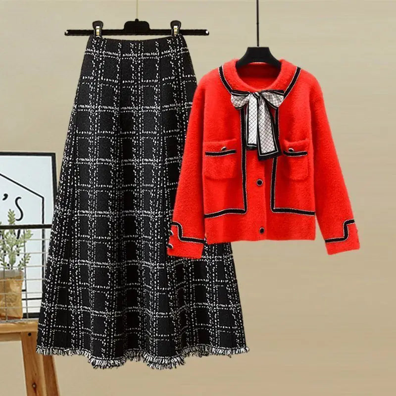 Bow Tie Cardigan Plaid Skirt Two-piece Set