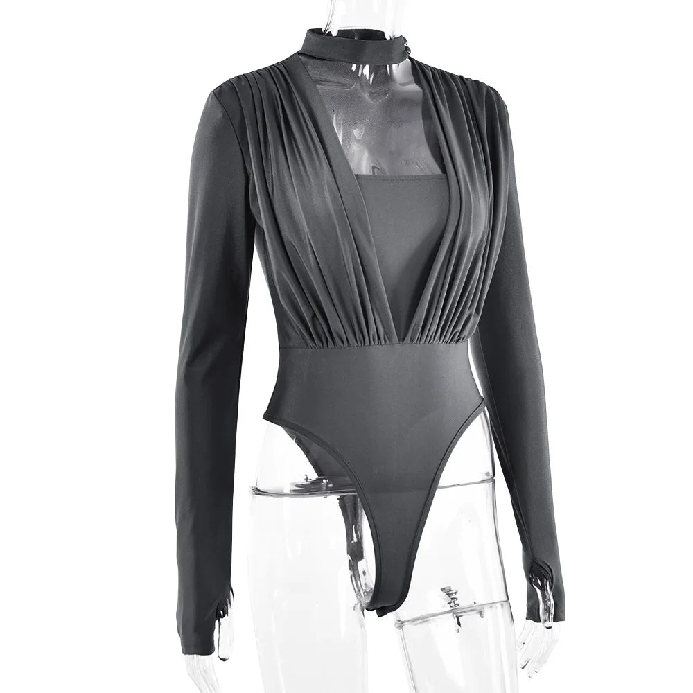 Irregular Pleated Crew Neck Full Sleeve High-waist Cutout Bodysuit