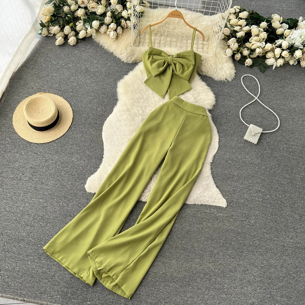 Bow Strap Top+High Waist Casual Wide Leg Long Pants Two piece Set