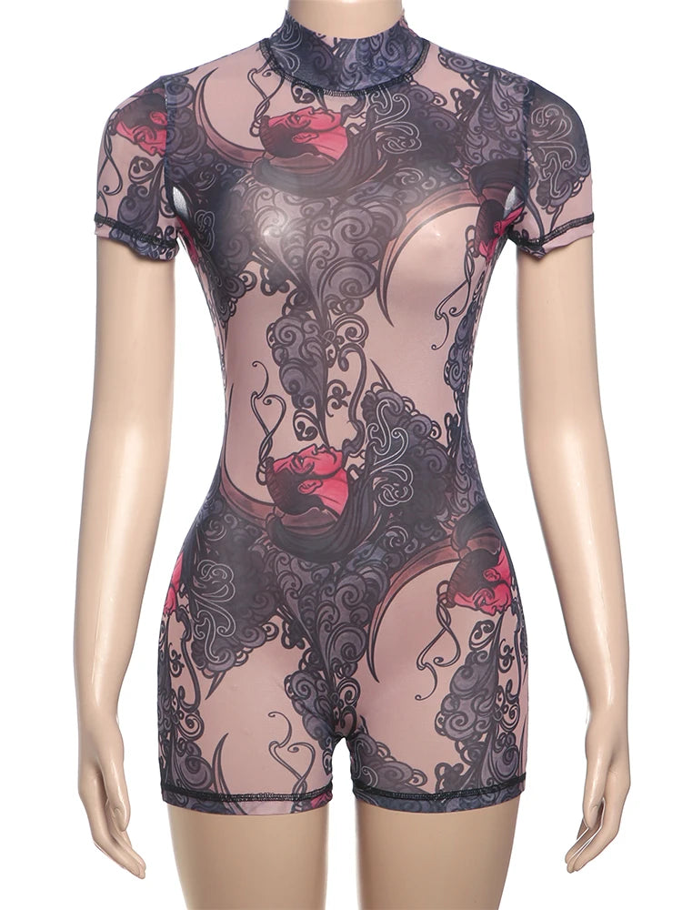 Backless See Through Short Romper